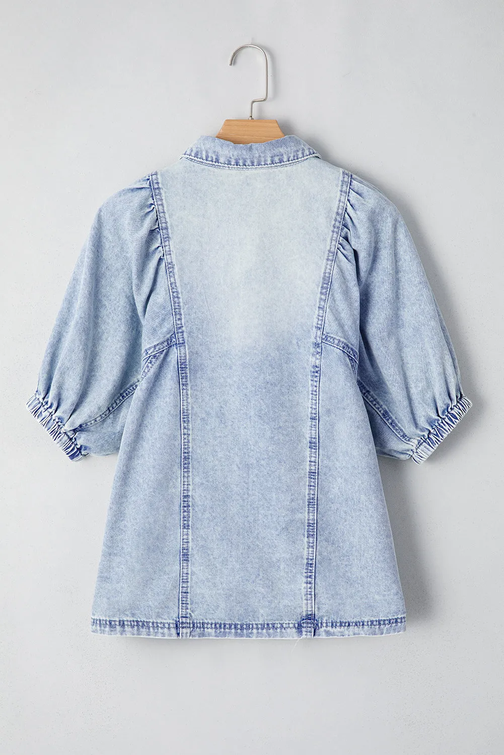 Beau Blue Light Wash Raw Hem Puff Sleeve Denim Shirt