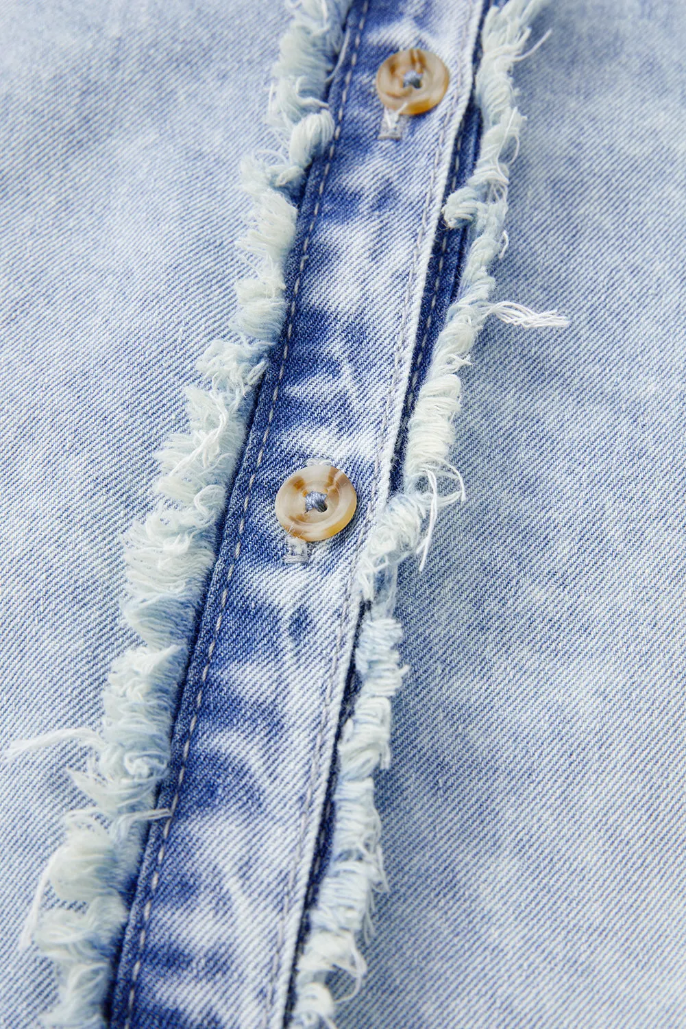 Beau Blue Light Wash Raw Hem Puff Sleeve Denim Shirt