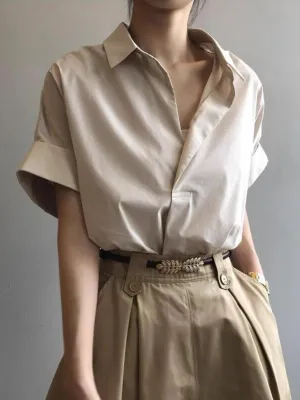 Beige Boxy Shirt With Rolled Short Sleeves