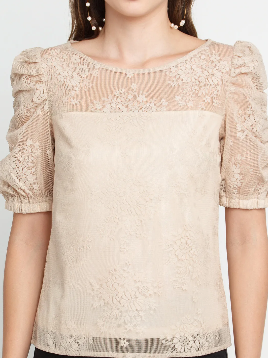 Beige Lace Puff Sleeve Top