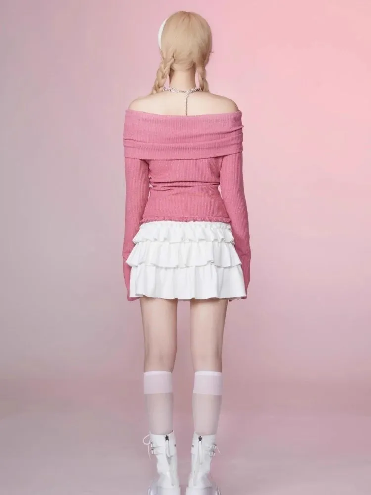 Bell Sleeve Shrink Pleated One-Shoulder Top【s0000006349】