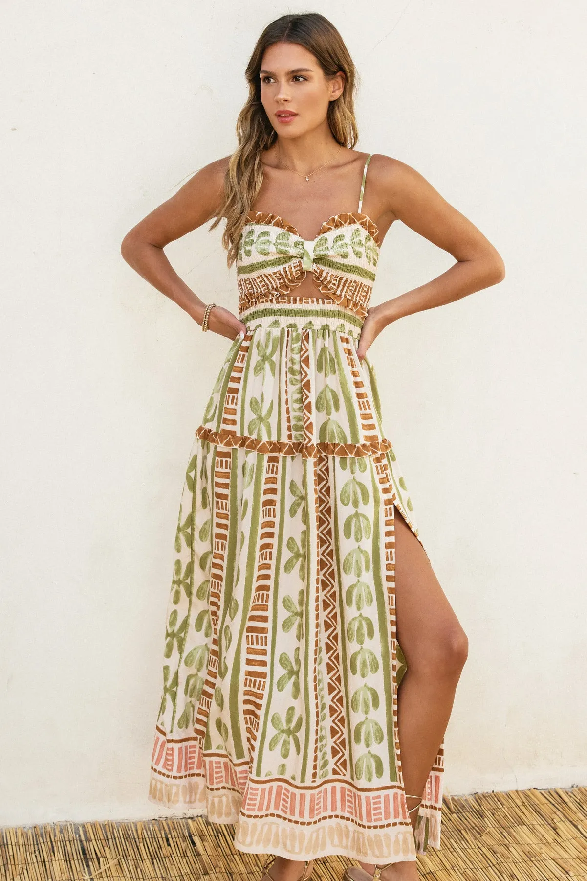 Benito Cutout Smocked Slit Maxi Dress