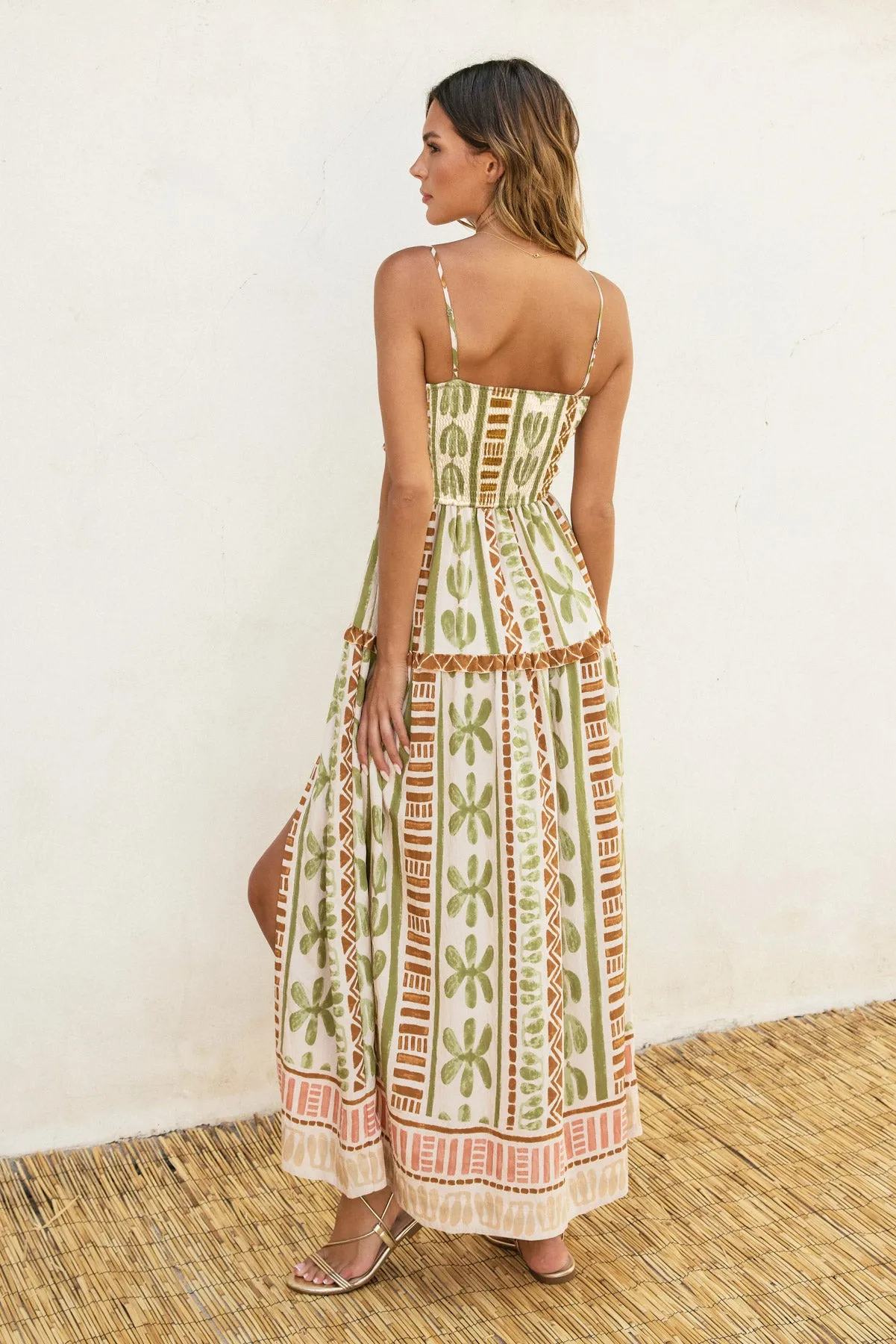Benito Cutout Smocked Slit Maxi Dress