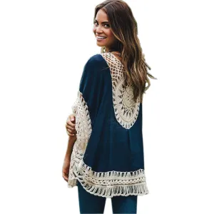 Big size bohemian handmade crochet lace women blouses shirts beach cover up patchwork loose batwing sleeve pareos ladies blouse