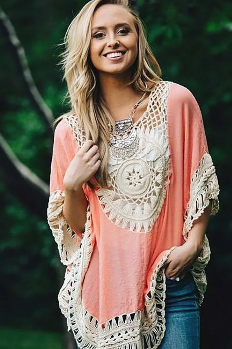 Big size bohemian handmade crochet lace women blouses shirts beach cover up patchwork loose batwing sleeve pareos ladies blouse