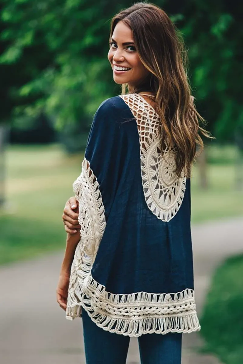 Big size bohemian handmade crochet lace women blouses shirts beach cover up patchwork loose batwing sleeve pareos ladies blouse