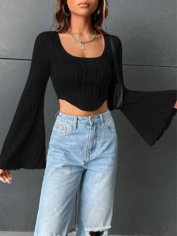 Black Bell Sleeved Apple Hem Top