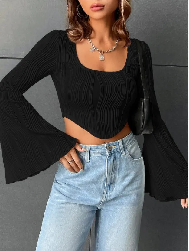 Black Bell Sleeved Apple Hem Top