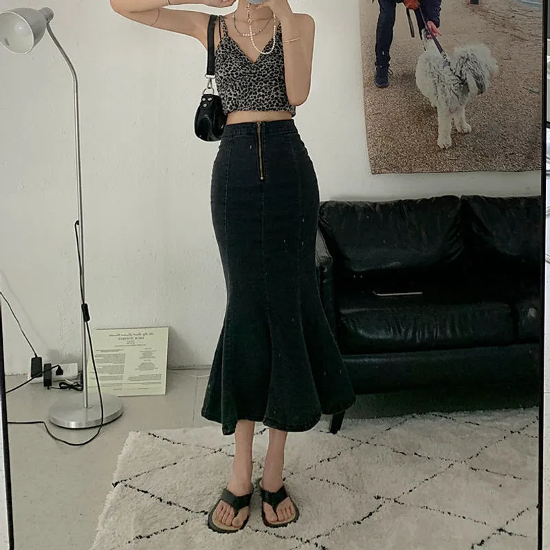 Black Fishtail Denim Skirt
