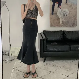 Black Fishtail Denim Skirt