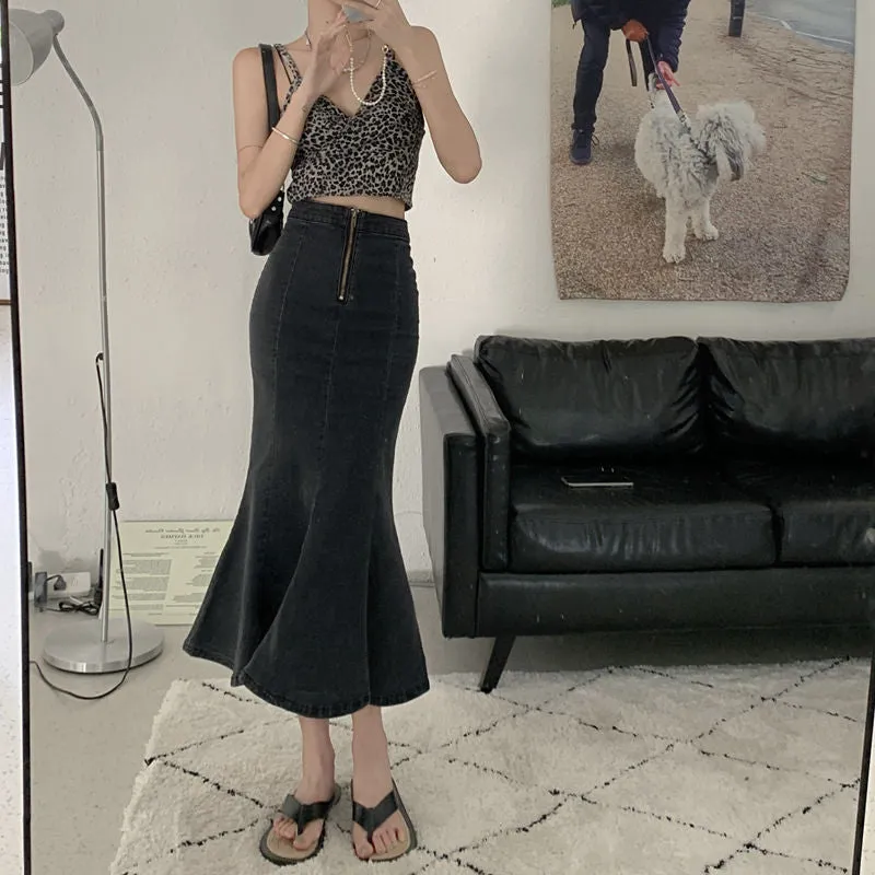 Black Fishtail Denim Skirt