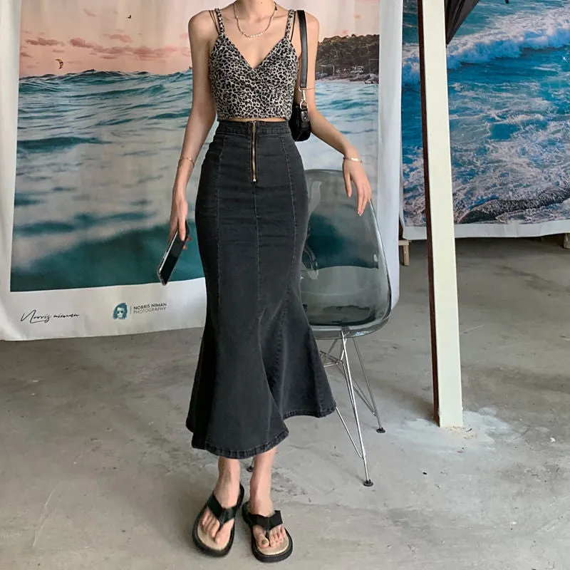 Black Fishtail Denim Skirt