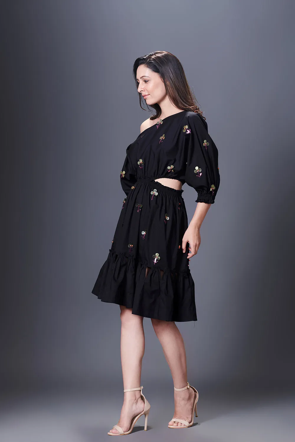 Black Hand Embroidered Off-Shoulder Side Cutout Dress