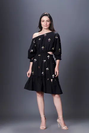 Black Hand Embroidered Off-Shoulder Side Cutout Dress