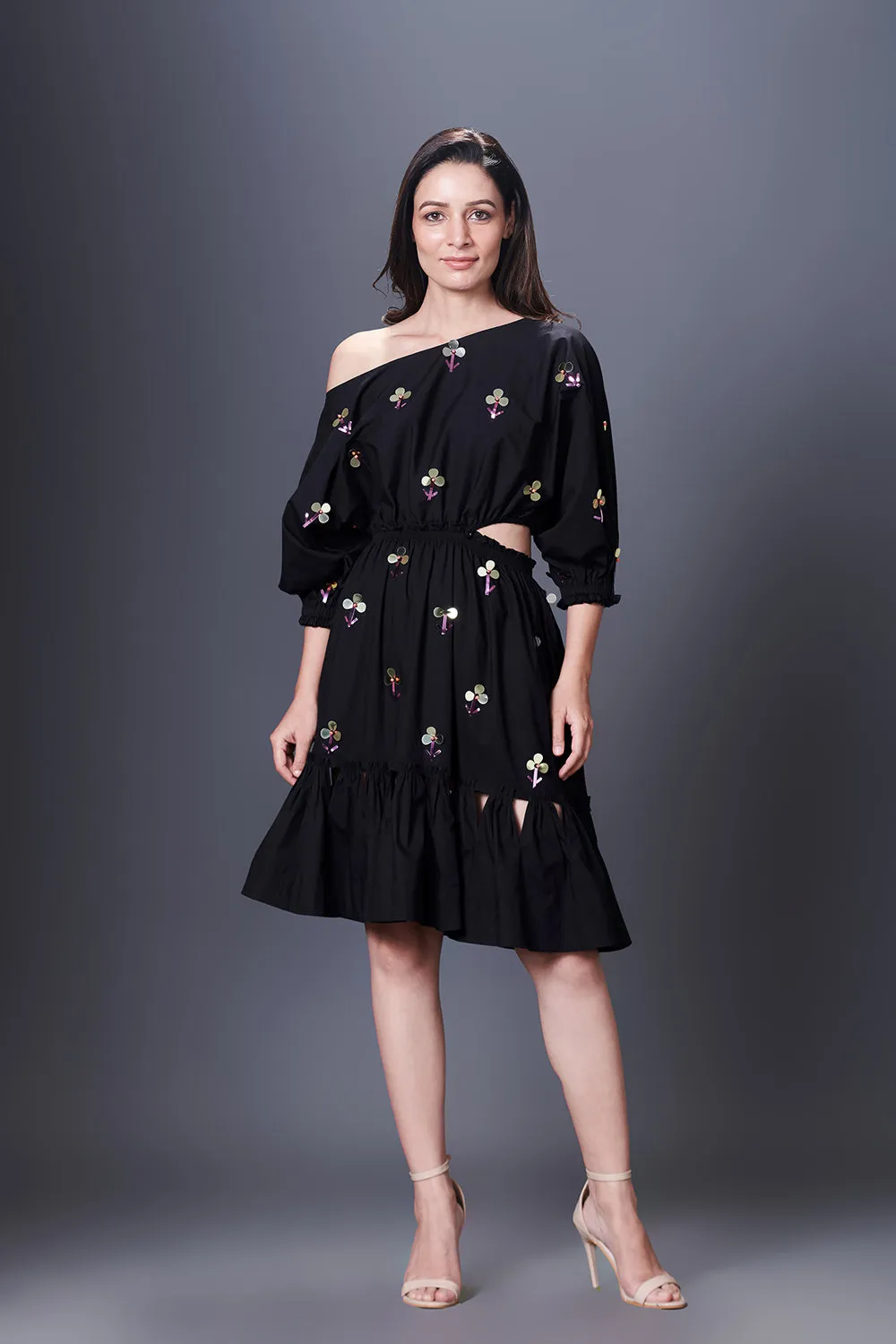 Black Hand Embroidered Off-Shoulder Side Cutout Dress