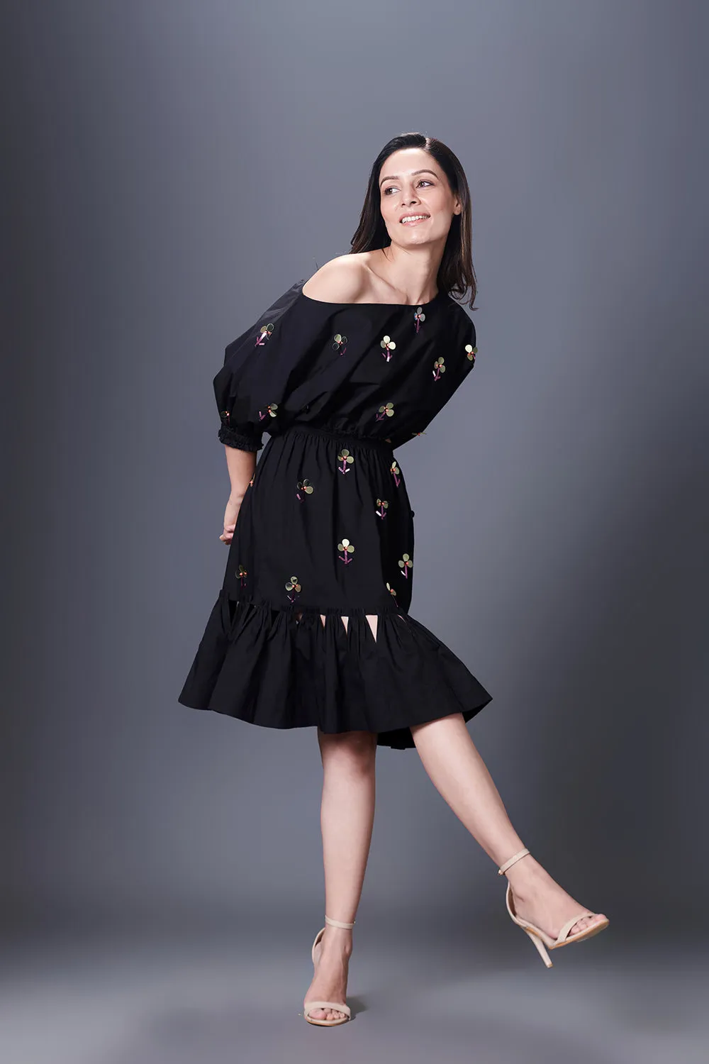Black Hand Embroidered Off-Shoulder Side Cutout Dress