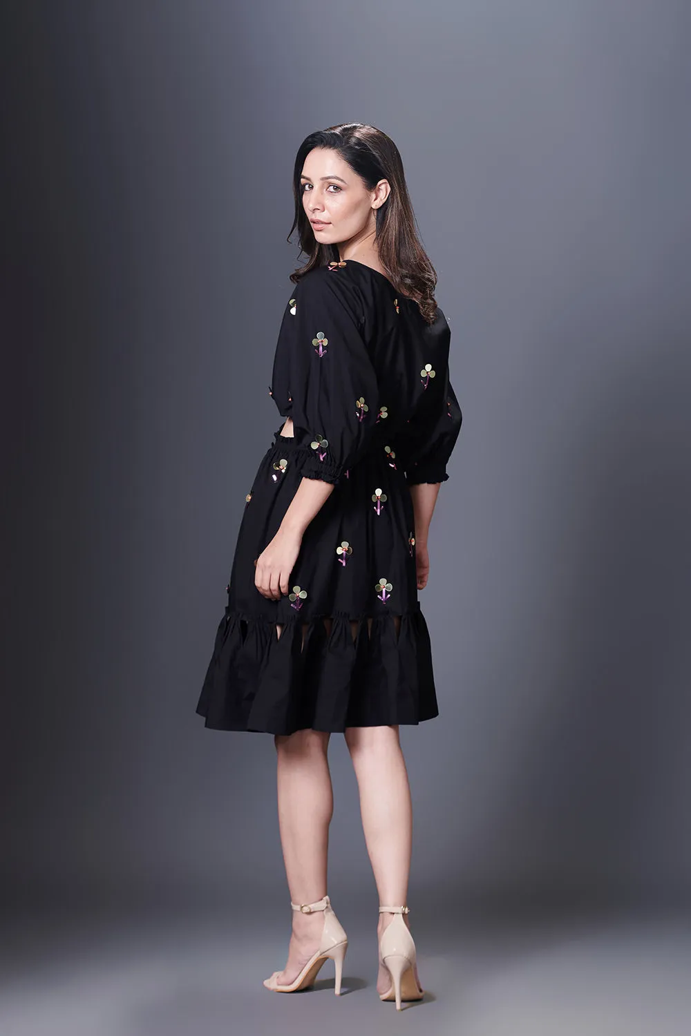 Black Hand Embroidered Off-Shoulder Side Cutout Dress