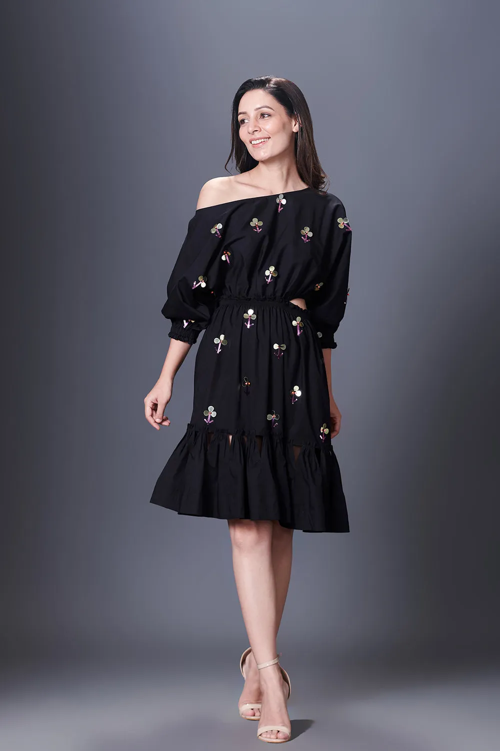 Black Hand Embroidered Off-Shoulder Side Cutout Dress
