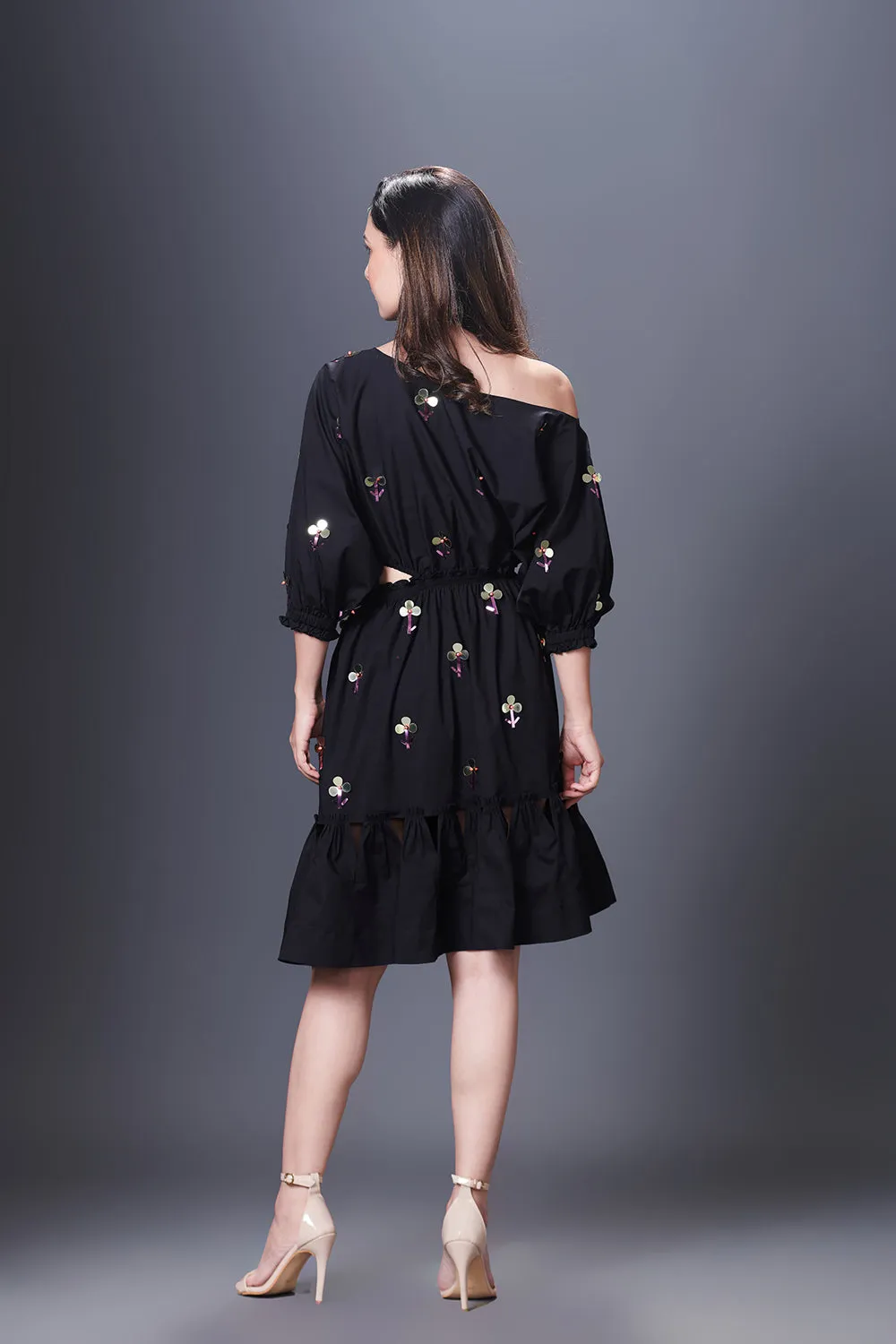 Black Hand Embroidered Off-Shoulder Side Cutout Dress