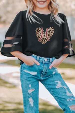 Black Leopard Heart Baseball Seam Print Kids Bell Sleeve Top