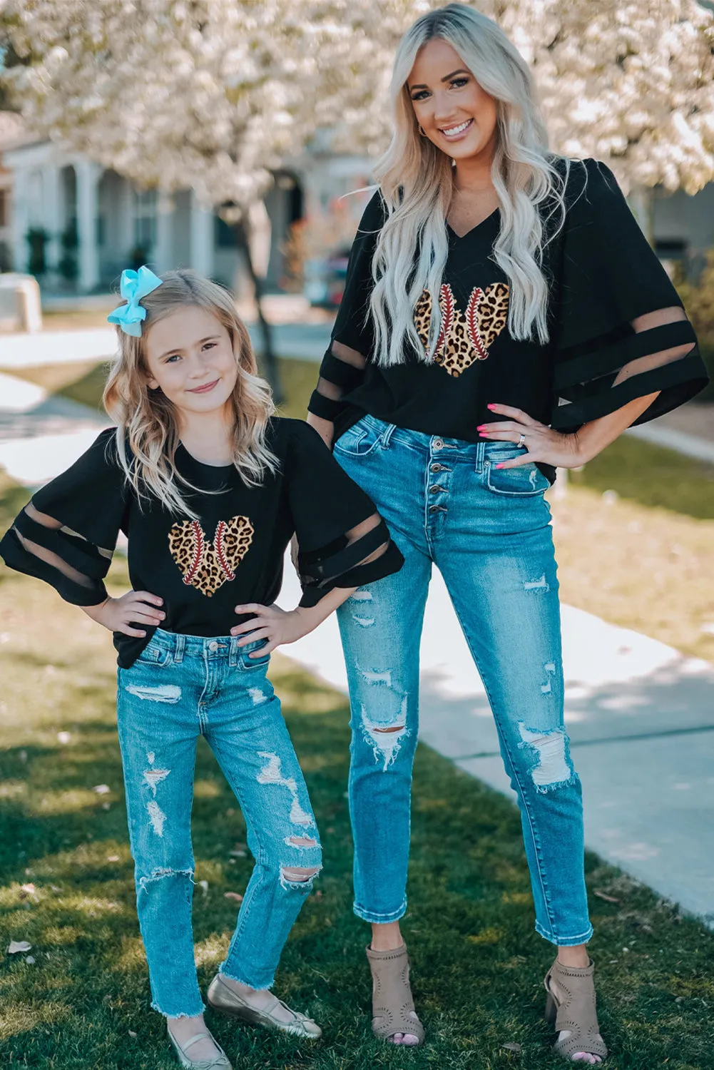 Black Leopard Heart Baseball Seam Print Kids Bell Sleeve Top