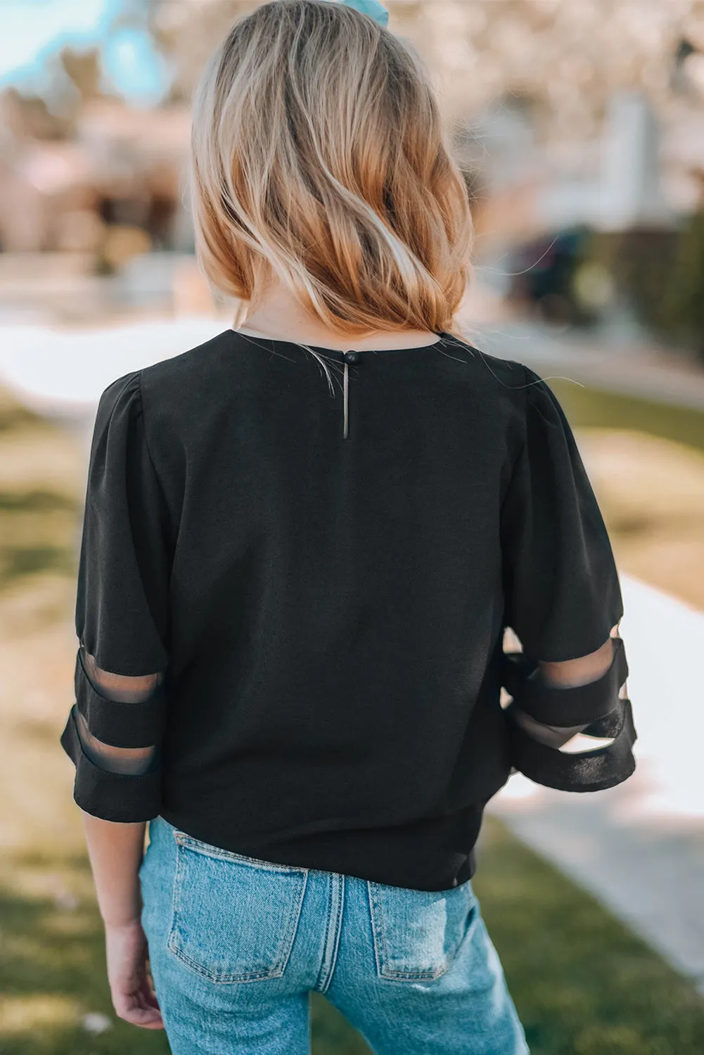 Black Leopard Heart Baseball Seam Print Kids Bell Sleeve Top