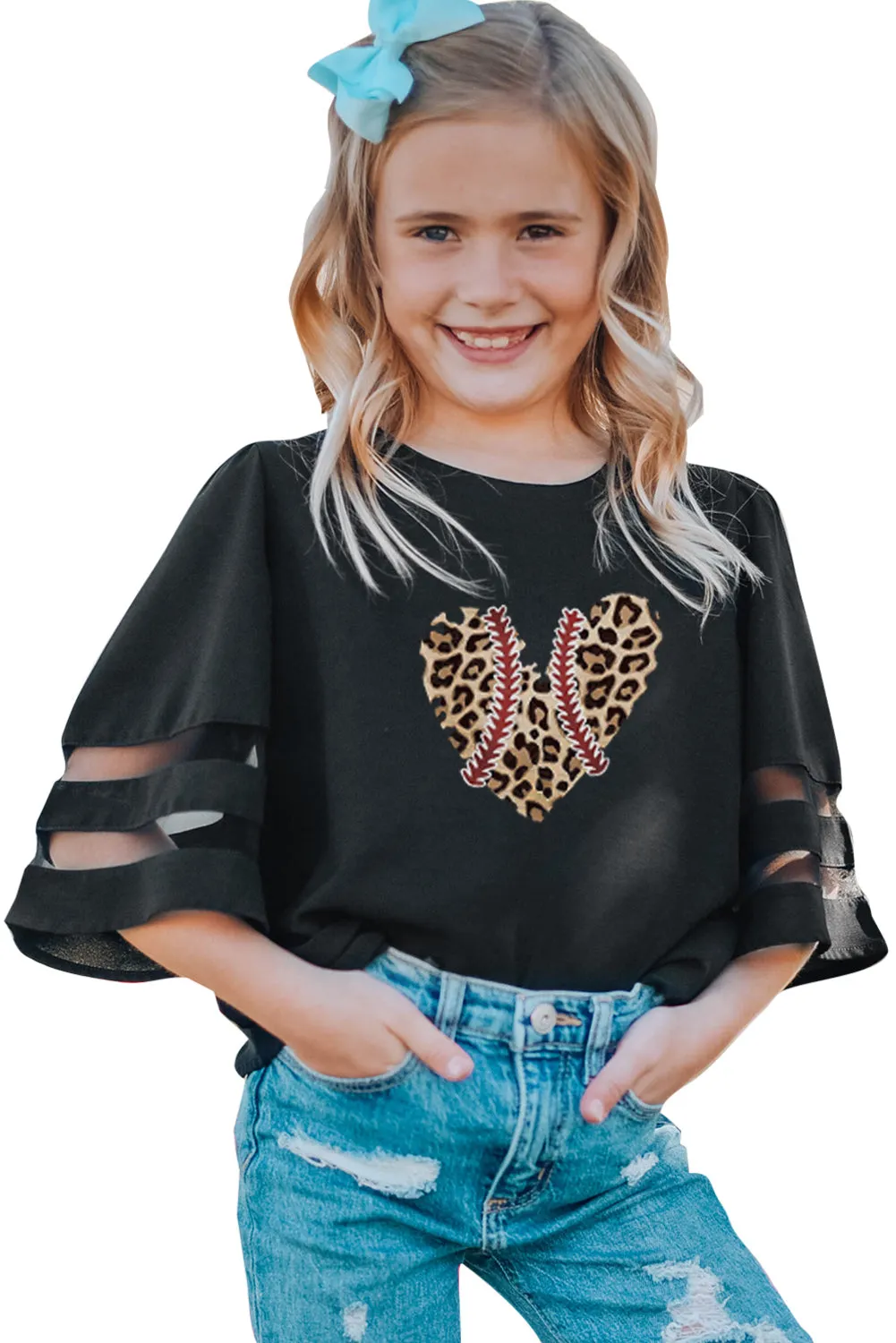 Black Leopard Heart Baseball Seam Print Kids Bell Sleeve Top