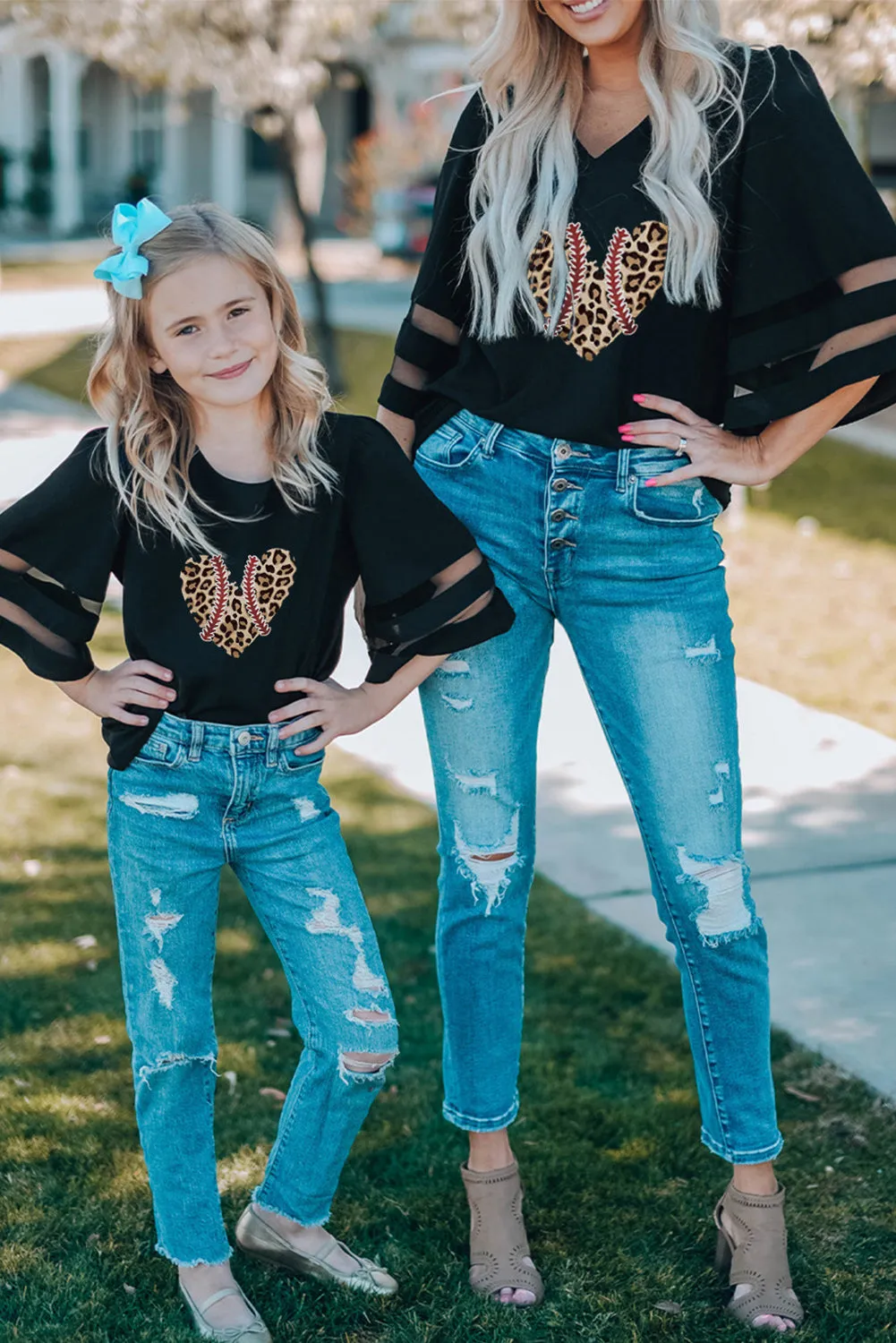 Black Leopard Heart Baseball Seam Print Kids Bell Sleeve Top