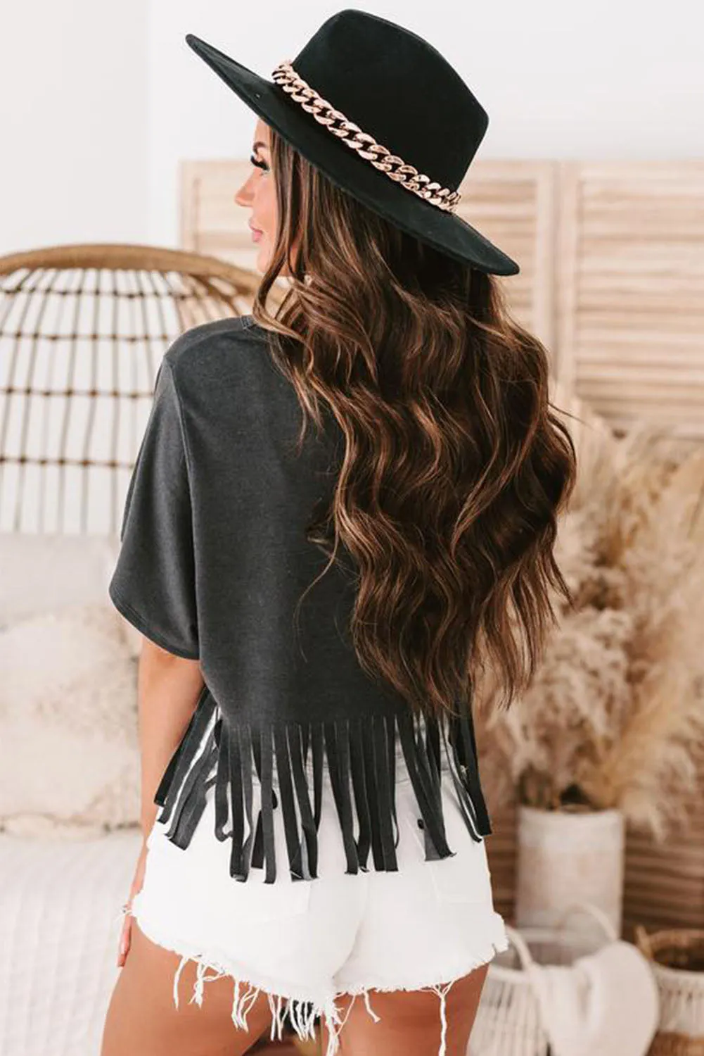 Black Nashville Forever V Neck Fringed Graphic Tee