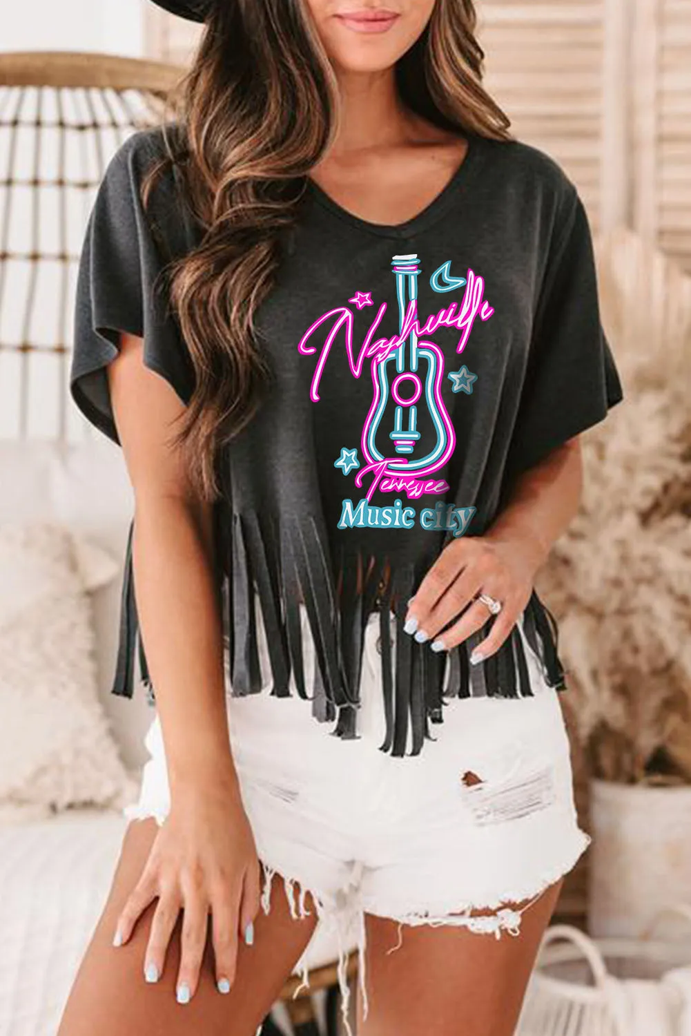 Black Nashville Forever V Neck Fringed Graphic Tee