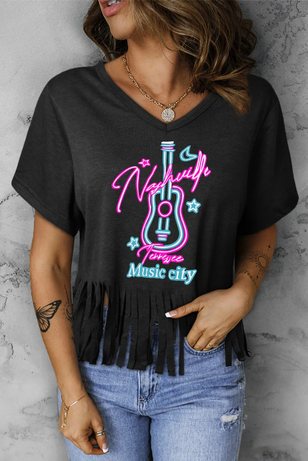 Black Nashville Forever V Neck Fringed Graphic Tee