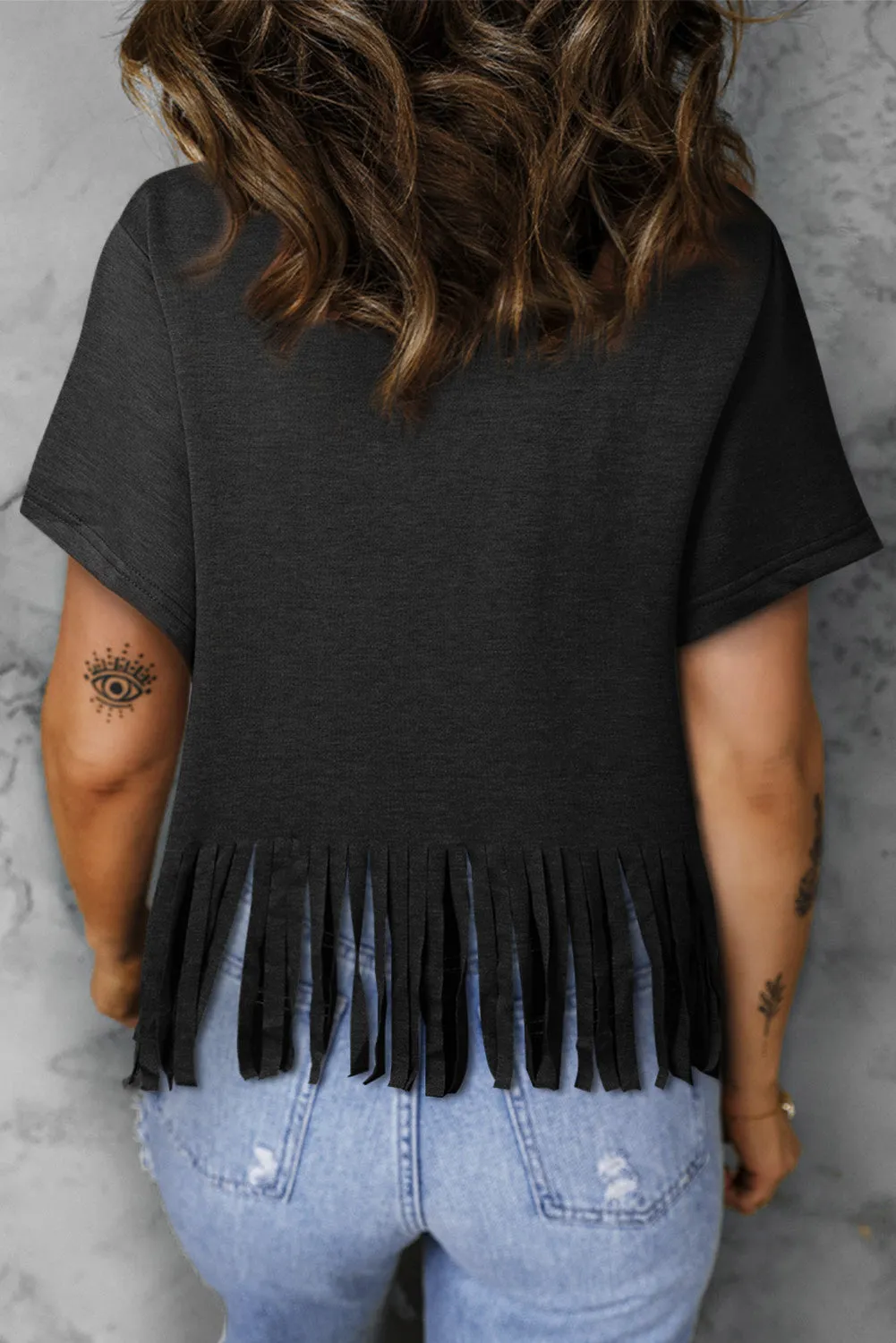 Black Nashville Forever V Neck Fringed Graphic Tee