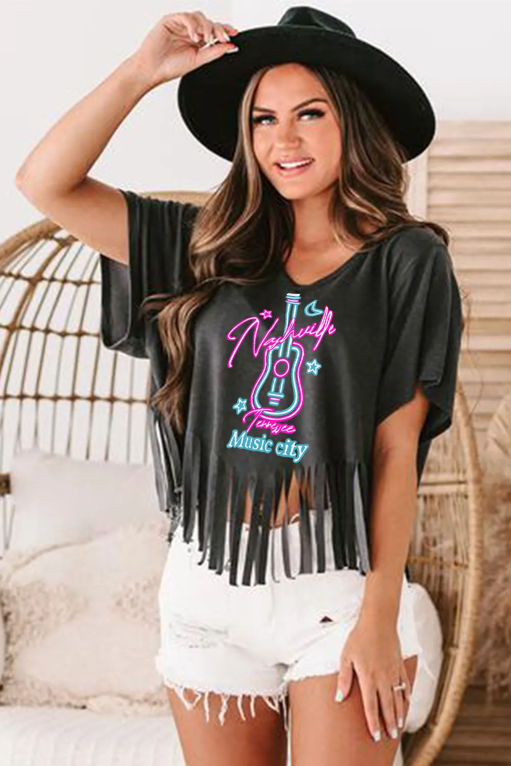 Black Nashville Forever V Neck Fringed Graphic Tee