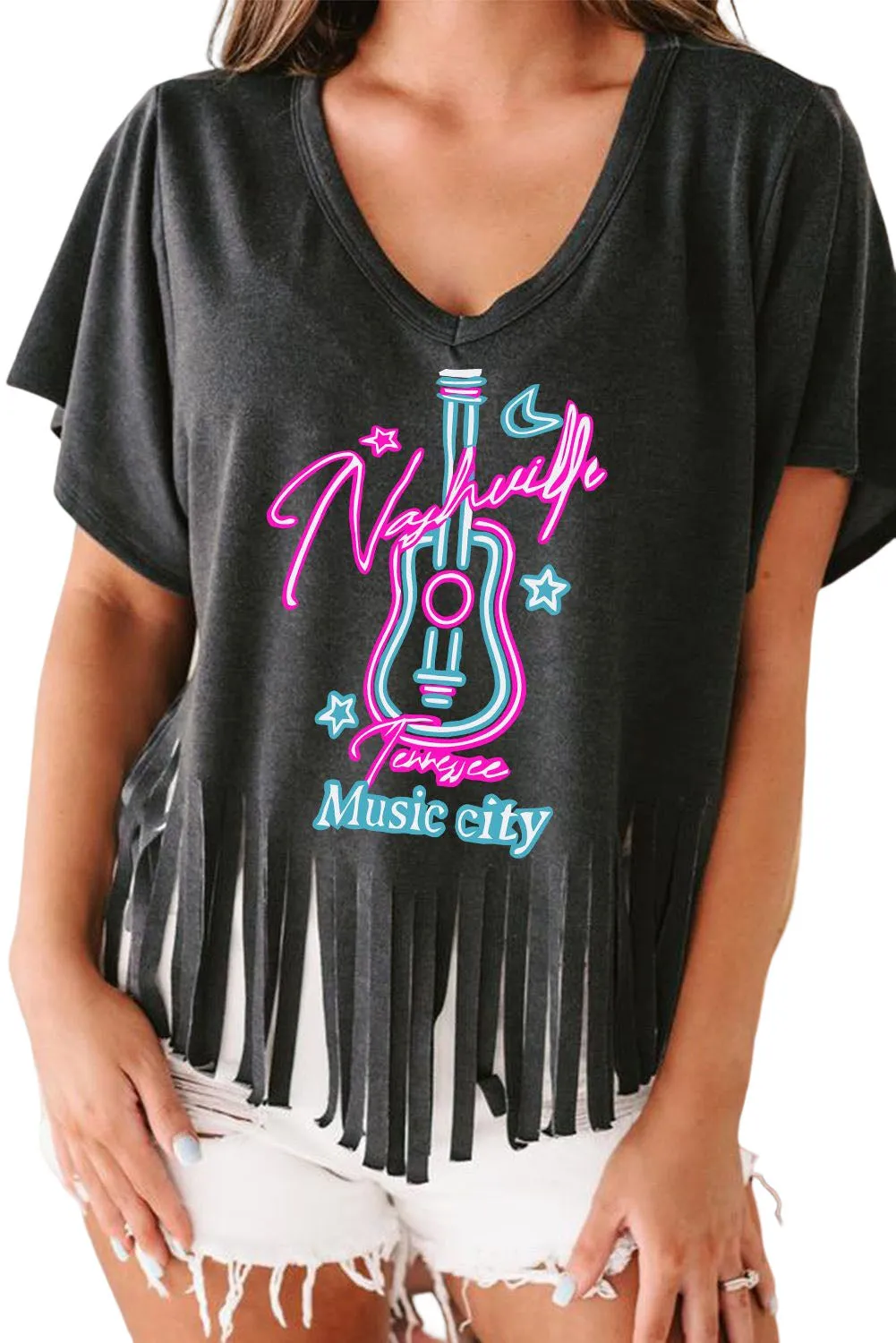 Black Nashville Forever V Neck Fringed Graphic Tee