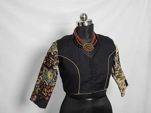 Black Patchwork Long Sleeves Cotton Blouse