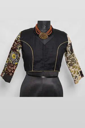 Black Patchwork Long Sleeves Cotton Blouse