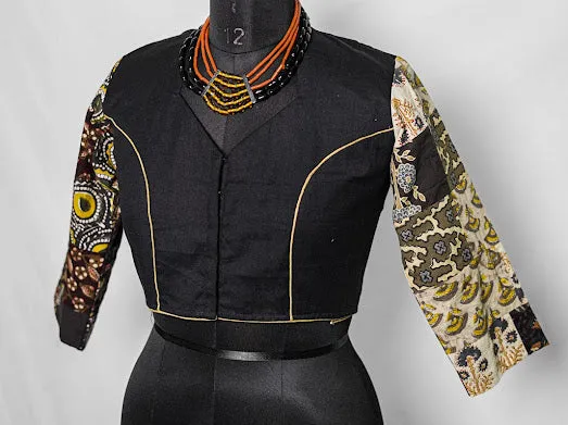 Black Patchwork Long Sleeves Cotton Blouse