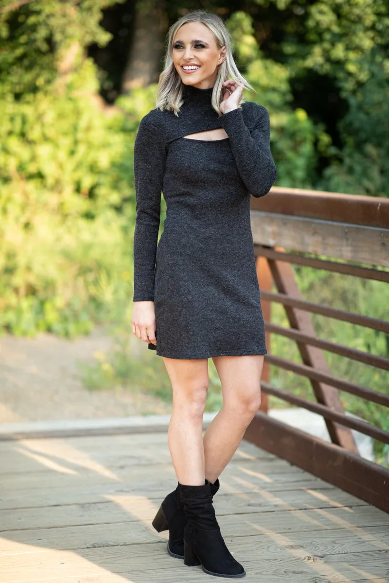 Black Rib Knit Mock Neck Dress With Cutout