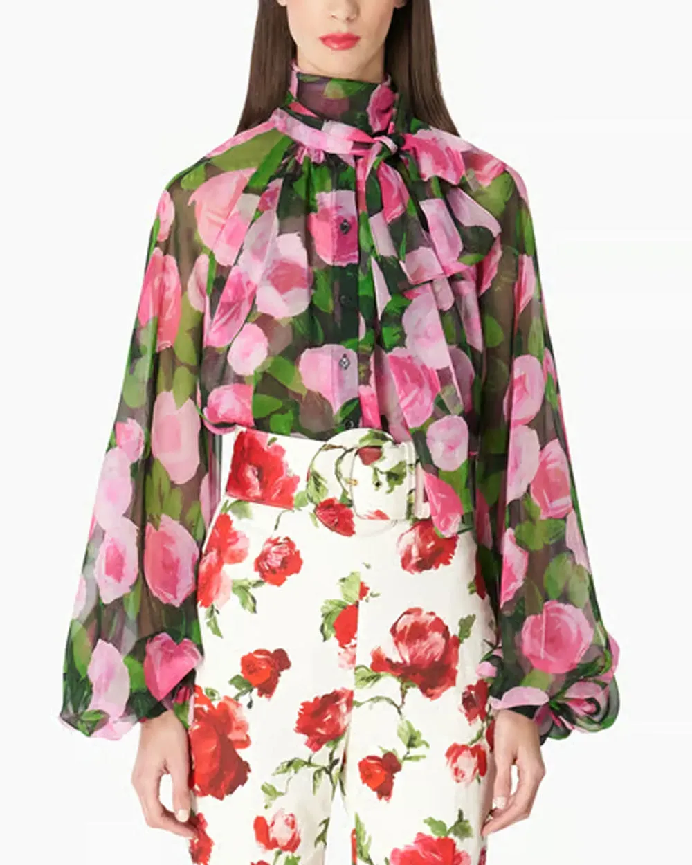 Black Rosebud Print Puff Sleeve Blouse