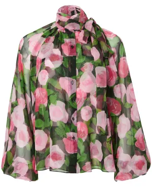 Black Rosebud Print Puff Sleeve Blouse
