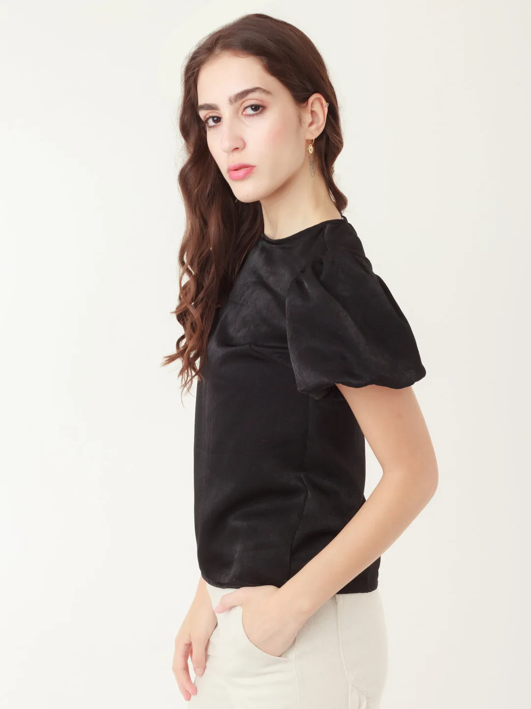 Black Solid Puff Sleeve Top