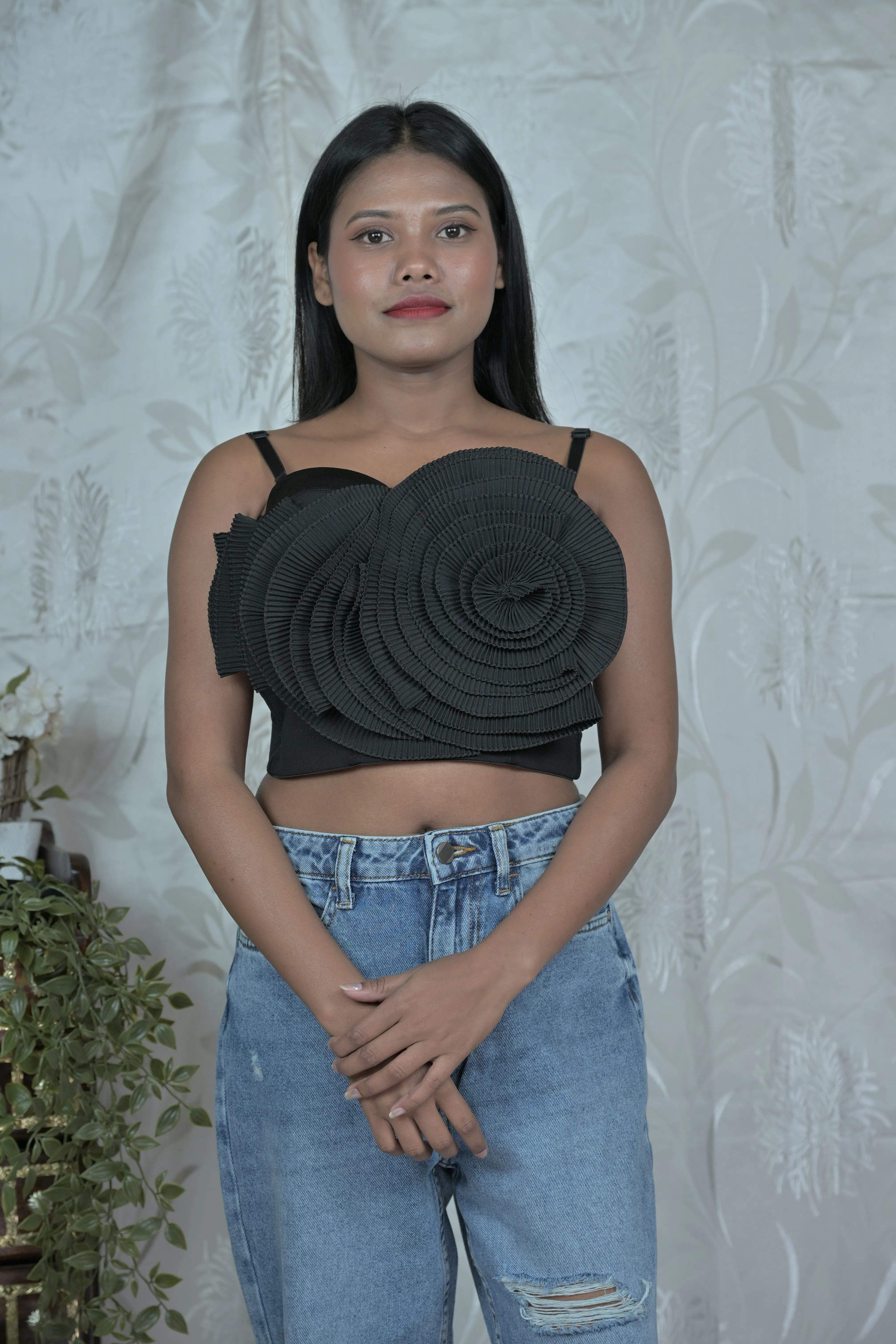 Black Structured Pleated Crop Top