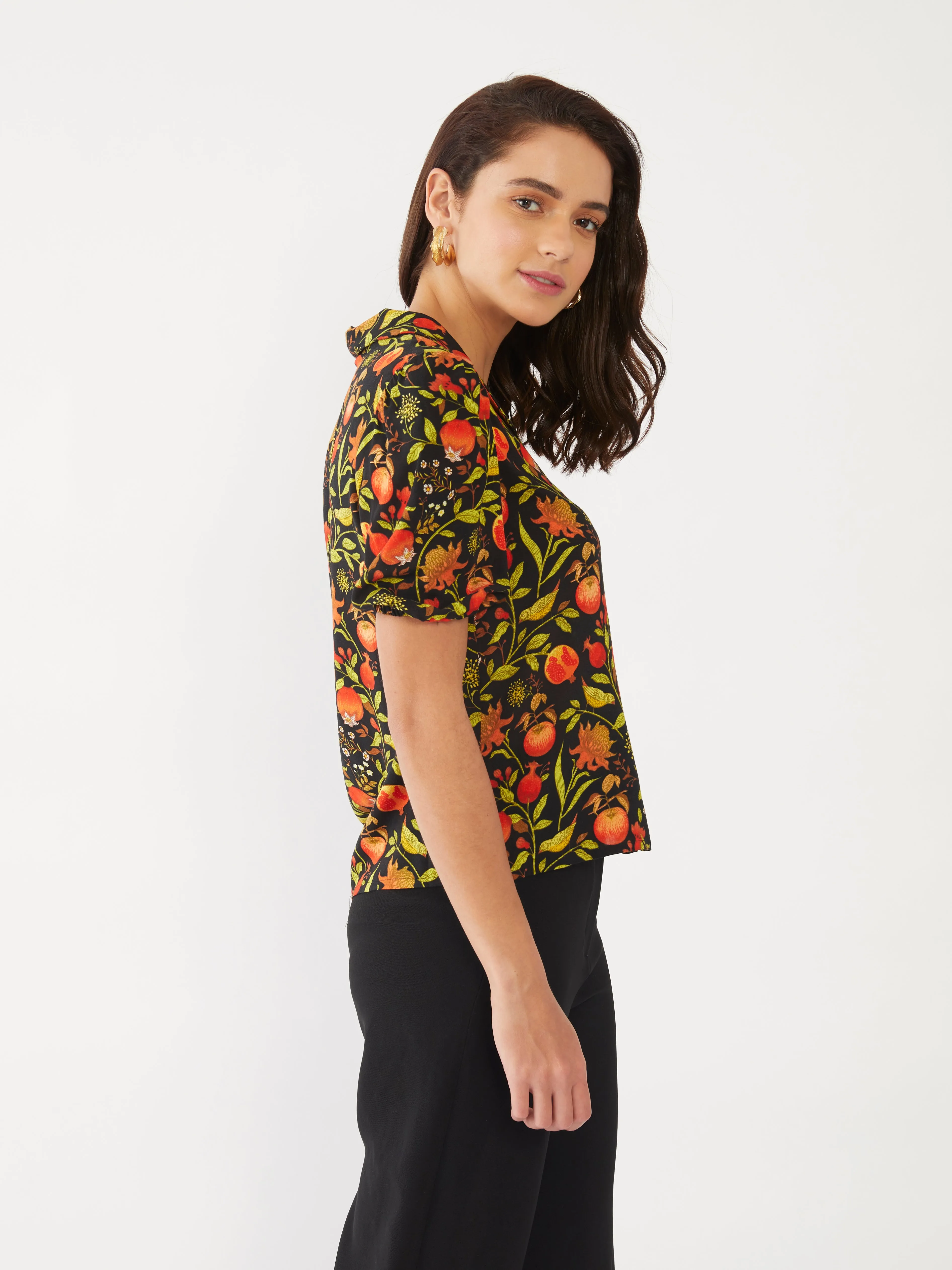 Black Tropical Print Puff Sleeve Top