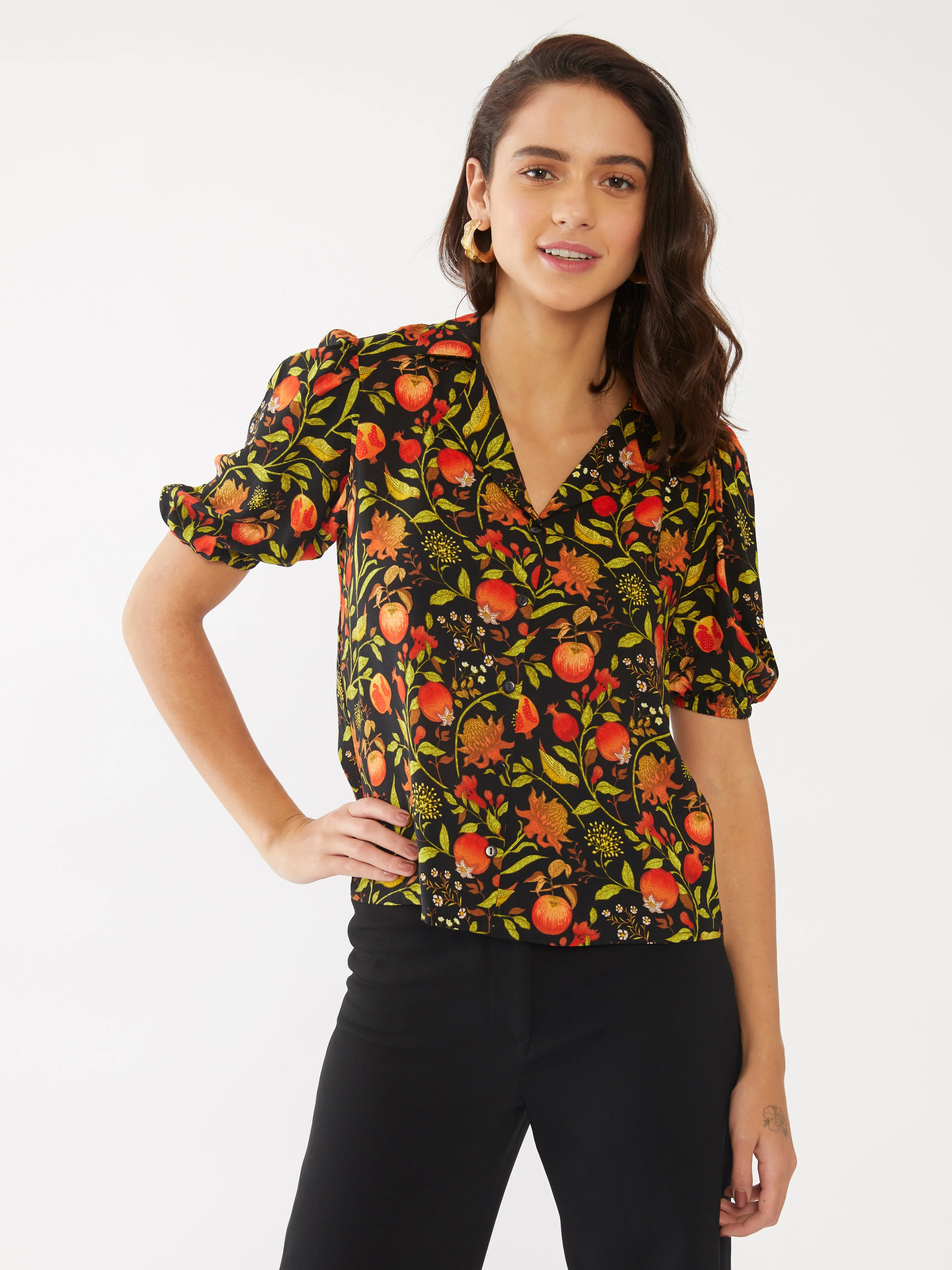 Black Tropical Print Puff Sleeve Top
