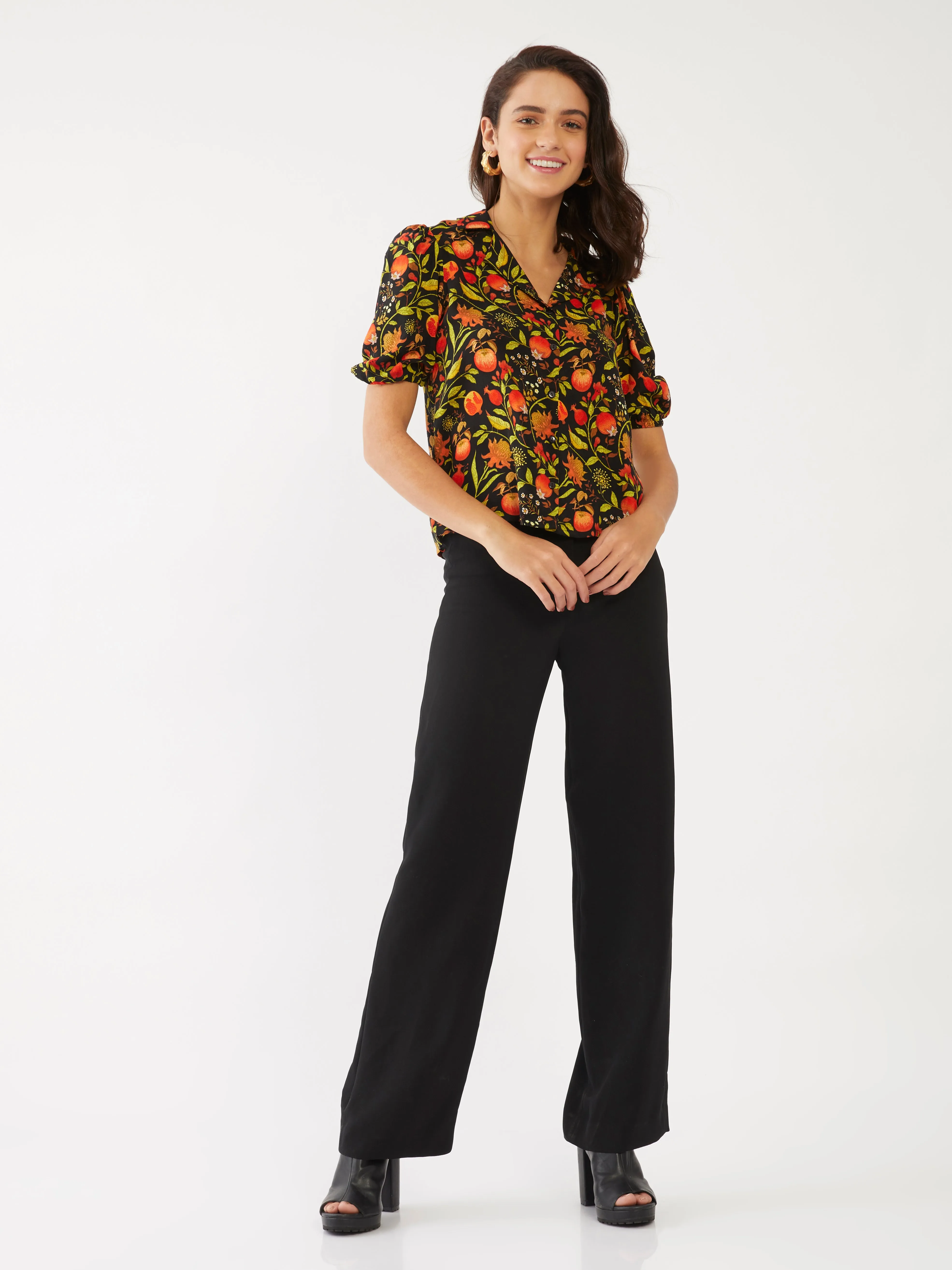 Black Tropical Print Puff Sleeve Top