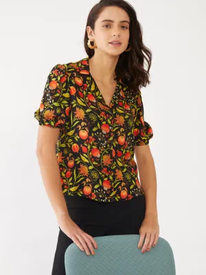 Black Tropical Print Puff Sleeve Top
