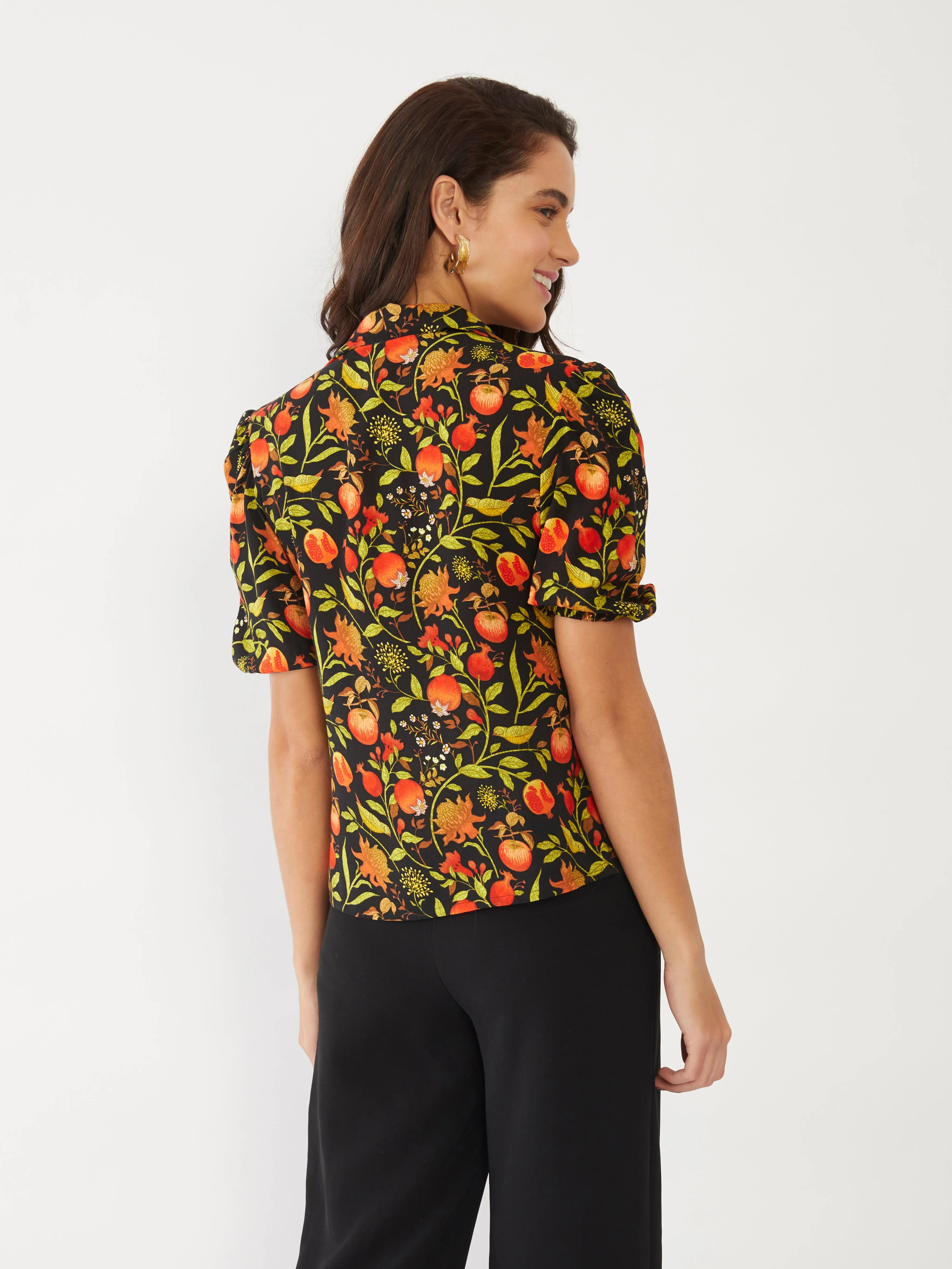 Black Tropical Print Puff Sleeve Top