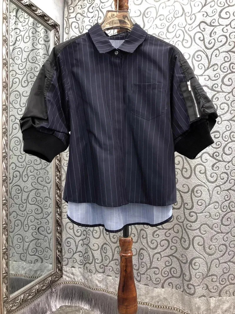 Block Patchwork Short Sleeve Vintage Shirt