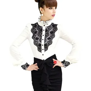 Blouse Shirts Women Lace Patchwork White Blouses Female Stand Collar Shirt Plus Size