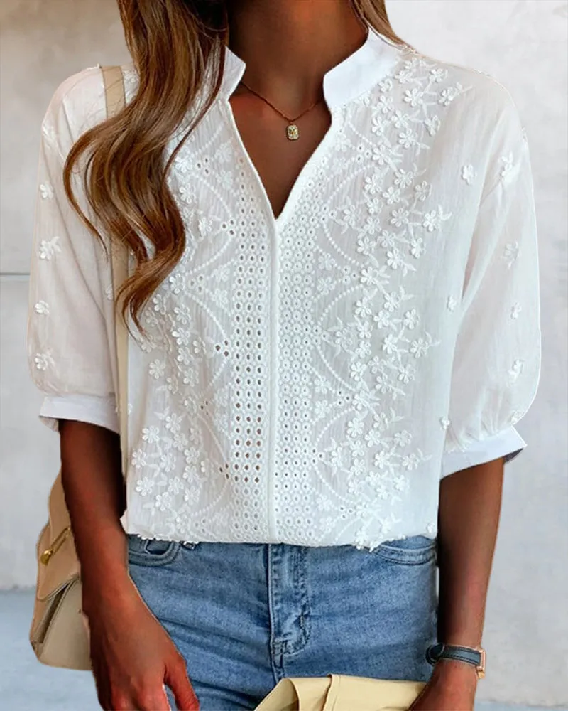 Blouse with V-Neck and Puff Sleeves with Lace Trim